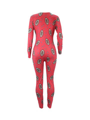 Rugby Print Lounge Jumpsuit Long Sleeve V Neck Buttons Jumpsuit