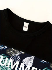 Boys Leaf Print Casual Outfit Round Neck T shirt & Shorts Set