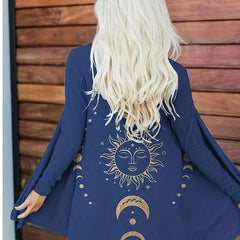 Moon & Sun Print Cardigan Long Sleeve Open Front Casual Stretch