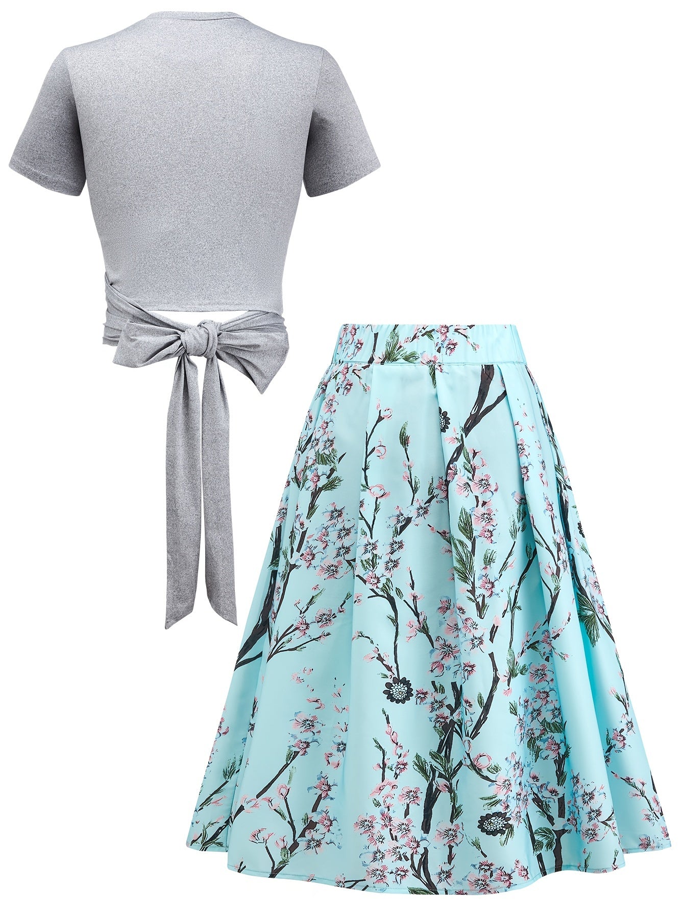 2 Piece Set: Bow Knot Crop Top & Floral Print Pleated Skirt