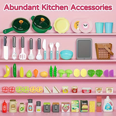 Kids Play Kitchen Set with Realistic Sound & Light Cooking Stove Sink Play Food
