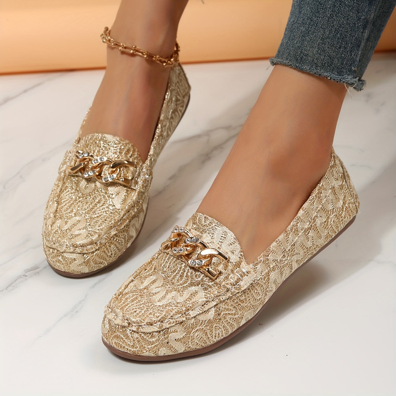 Chain Decor Loafers Slip On Flat Shoes