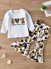 Girls Ruffle Shoulder Long Sleeve Top and Floral Print Flared Pants