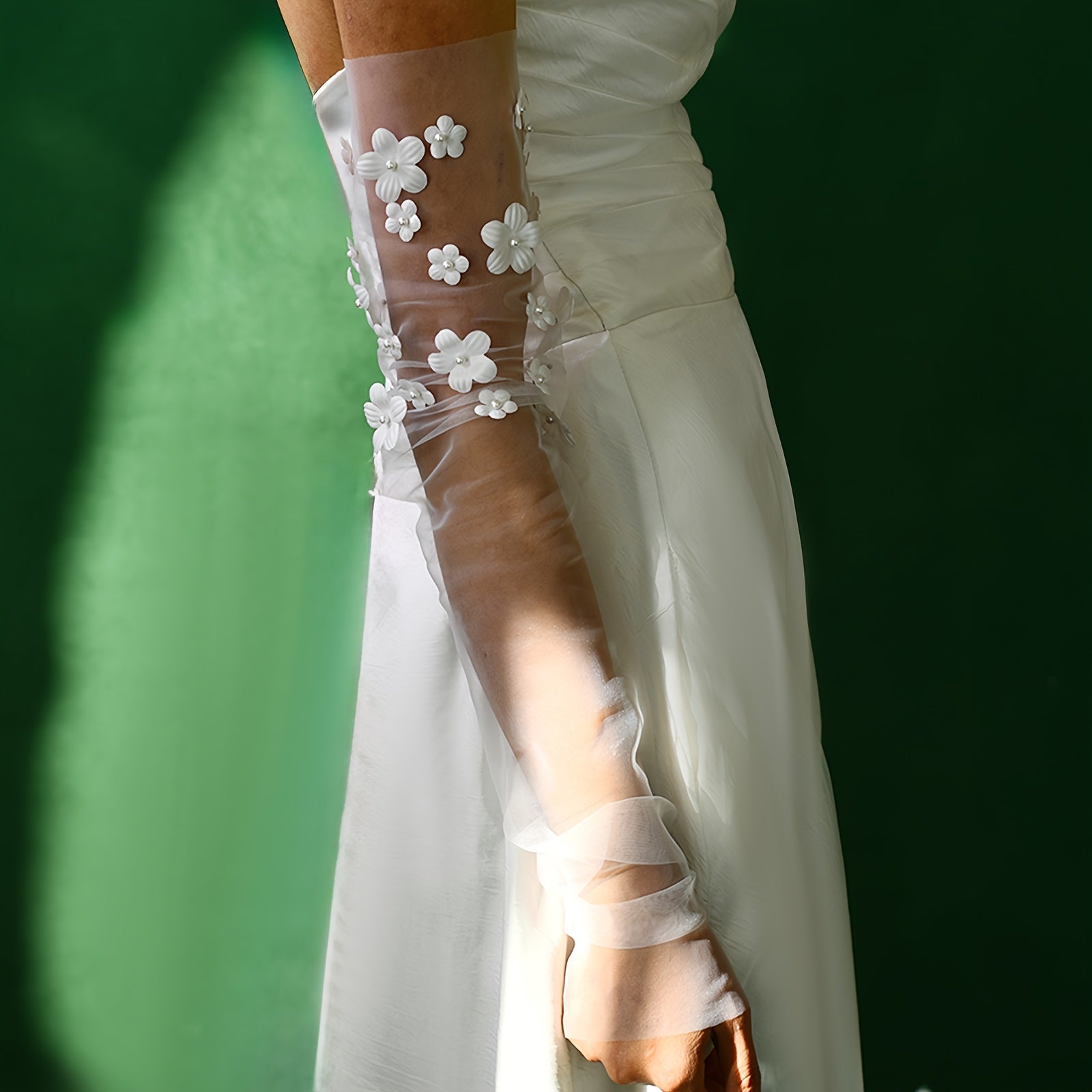 Sheer Bridal Gloves with Floral Embellishments Long Sleeve