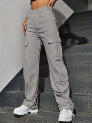 Cargo Pocket Jeans Solid Street Kpop Y2K Style Denim Pants Women's
