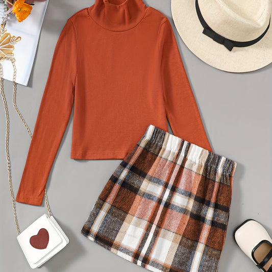 Girls Turtleneck Knit Top & Plaid Short Skirt Set
