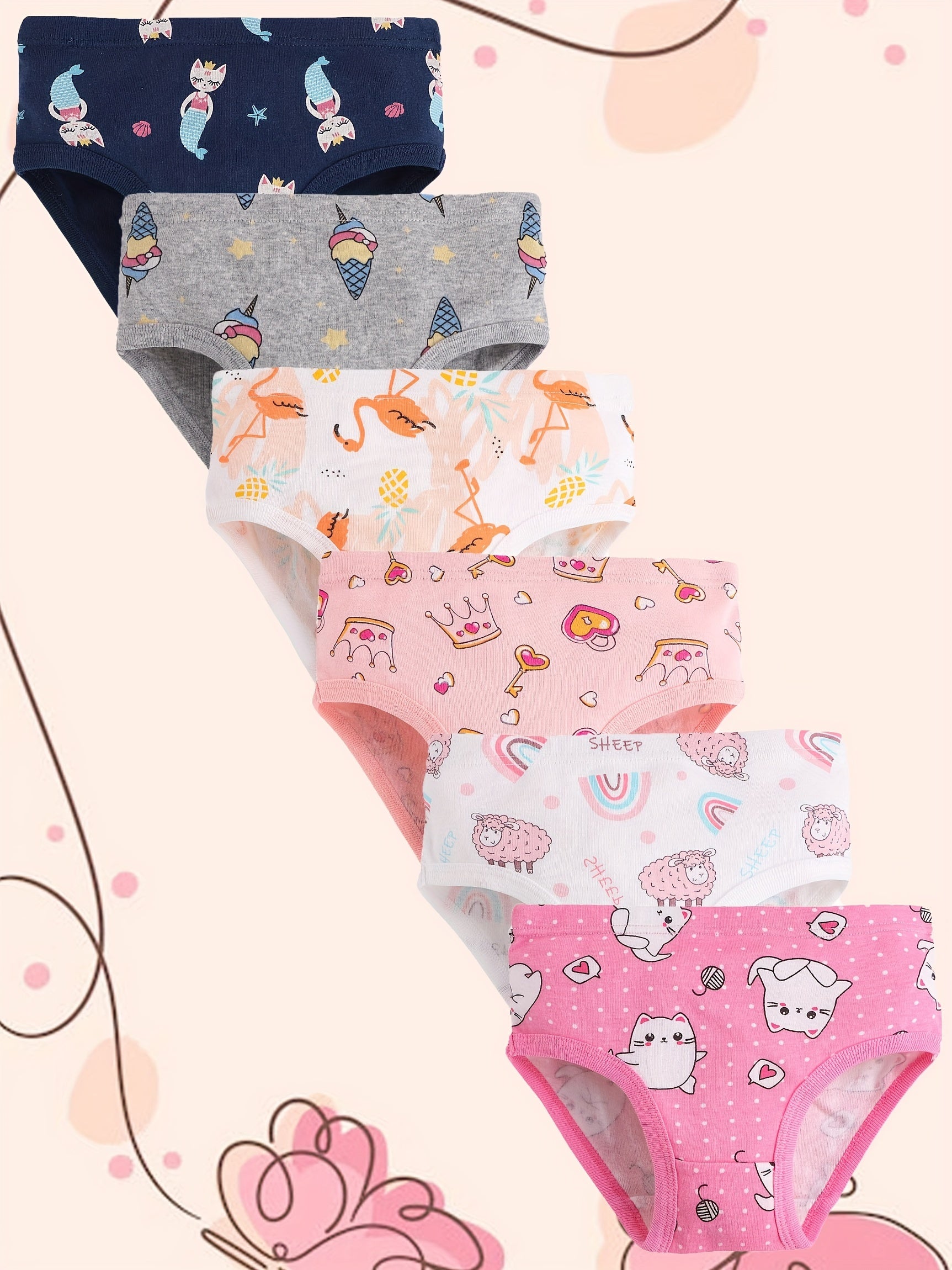 6pcs Girls Triangle Panties Cartoon Floral Animals Print Elastic Waist