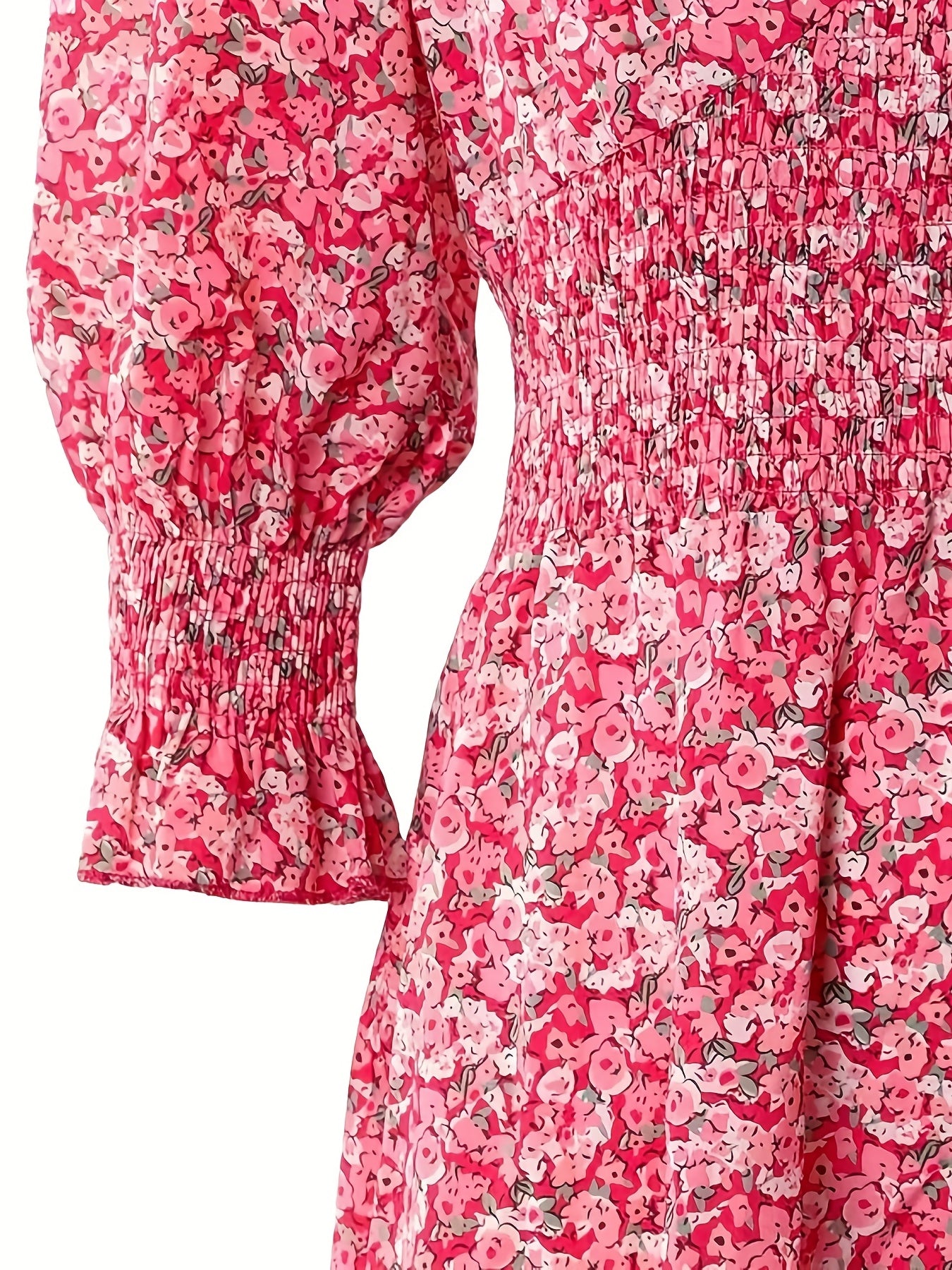 Women's Plus Floral Lantern Sleeve V Neck Shirred Waist Mini Dress