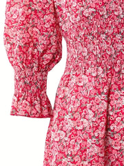Women's Plus Floral Lantern Sleeve V Neck Shirred Waist Mini Dress