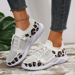 Leopard Printed Knitted Sports Shoes Low Top Running Casual Walking Sneakers