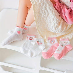 5 Pairs Girls Casual Rabbit Strawberry Print Socks for Summer and Spring