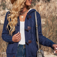 Women's Raw Hooded Flare Button Sweater Cardigan