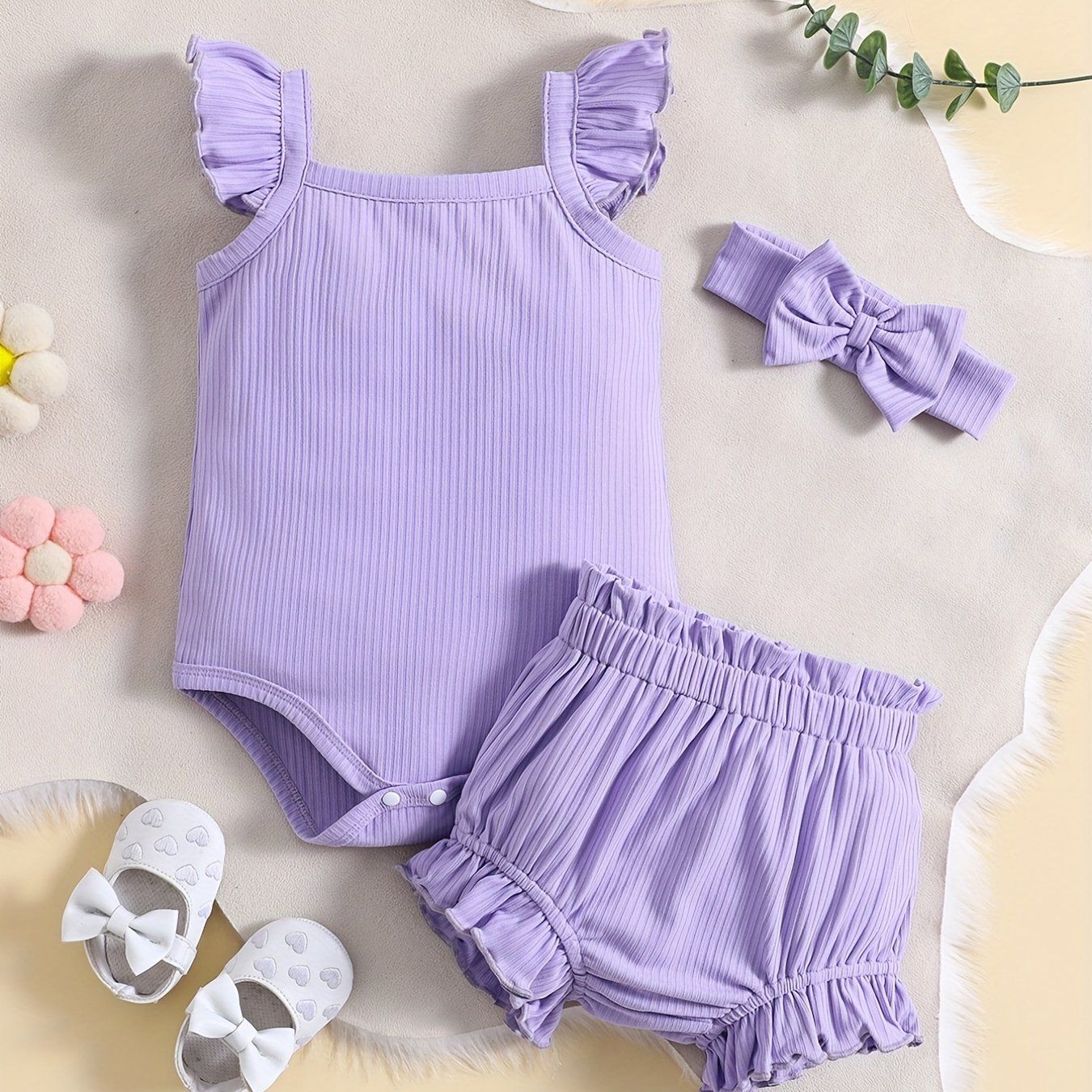Infant Baby Girl Casual Set Flying Sleeve Romper & Ruffled Shorts Set