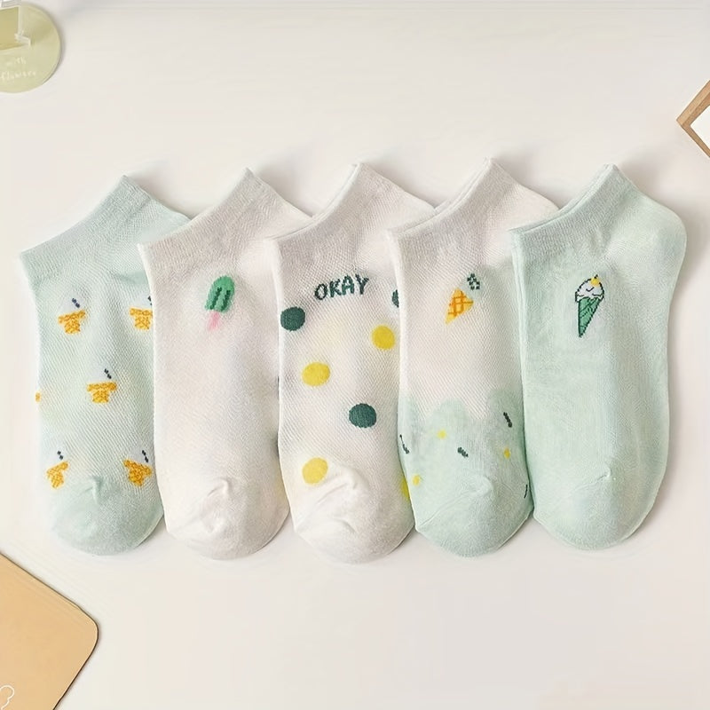 5 Pairs Cartoon Print Low Cut Ankle Socks Women Stockings