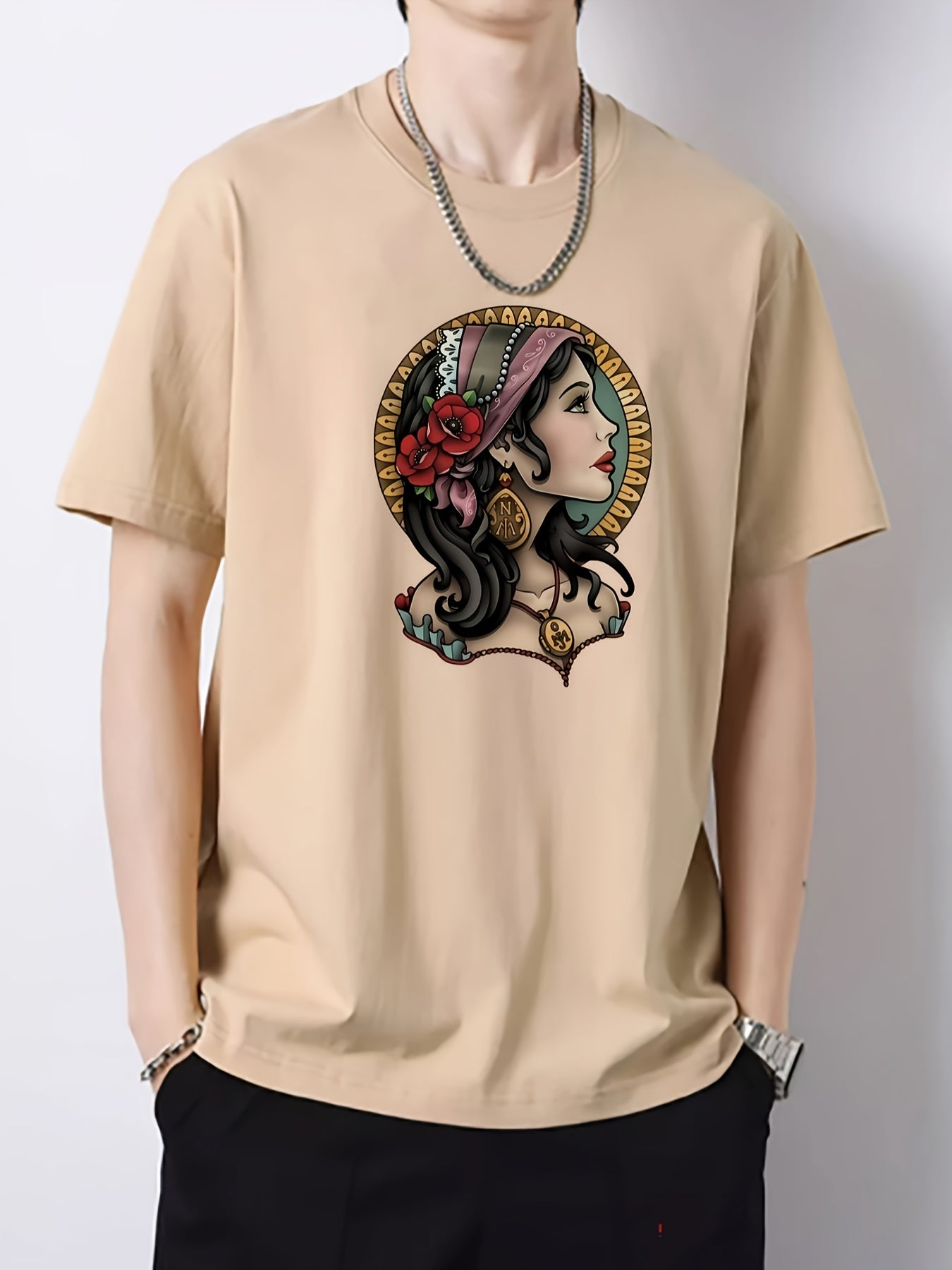 Illustration Pattern Print Men's Graphic Cotton Crew Neck Active T shirt