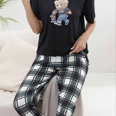 Bear Print Pajama Set Short Sleeve Crew Neck Top & Pants Women's Sleepwear