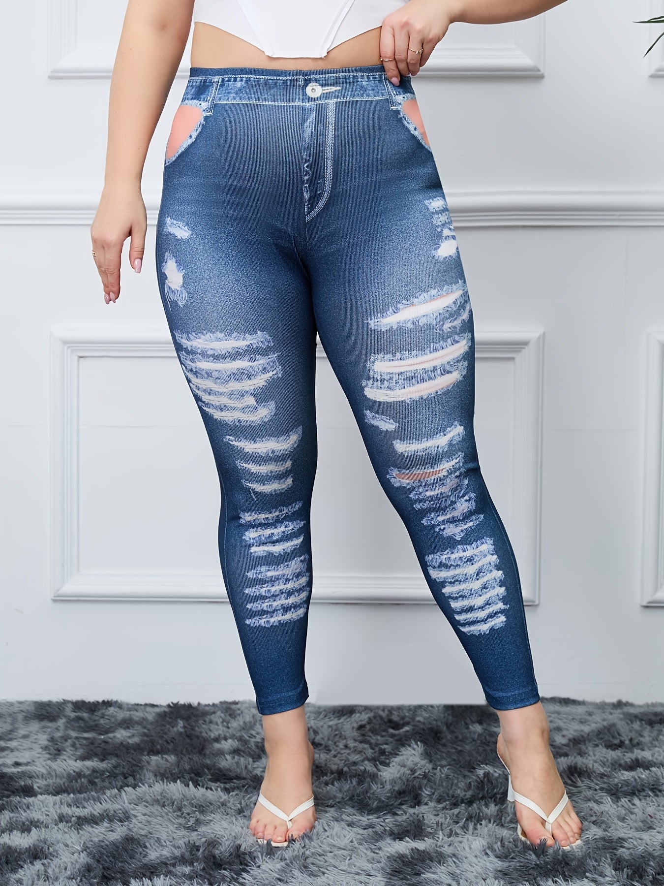 Button & Ripped Denim Print High Rise Skinny Leggings