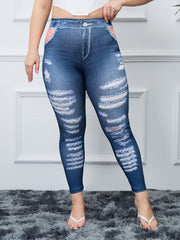 Button & Ripped Denim Print High Rise Skinny Leggings