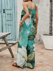 Boho Floral Wide Leg Jumpsuit Pocket Cami Summer