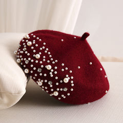 Faux Pearl Rhinestone Beret Winter Thermal Hat - Chinese New Year Gift