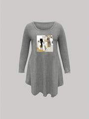 Cat Print Long Sleeve Casual Nightdress