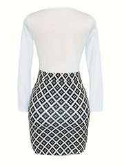 Geometric Print Surplice Neck Dress Long Sleeve Bodycon Dress