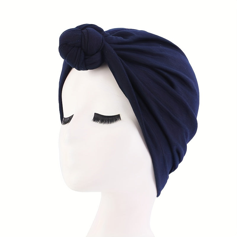 Knotted Pleated Turban Cap Solid Elastic Bonnet Chemo Cap