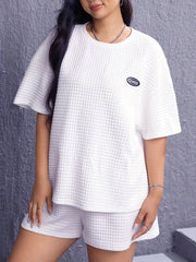 Letter Patched Waffle Knit Crew Neck Top & Shorts Pajamas Set