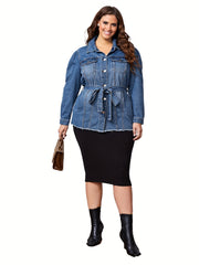 Sporty Denim Top Plus Size Long Puff Sleeve Lapel Collar Button Up