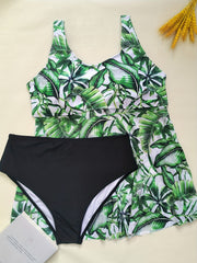 Tropical Print Tankini Set Round Neck Swimsuit Two Piece