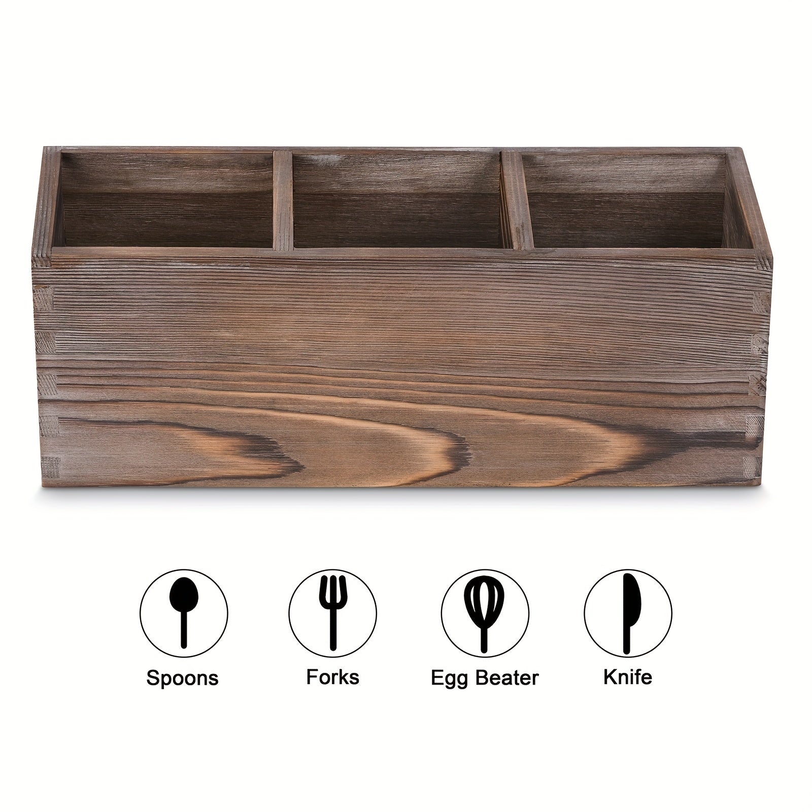 Wooden Cutlery Box with 3 Grids for Utensil Organization