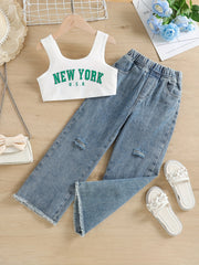 Girls Tank Crop Top & Elastic Waist Jeans 2pcs York Print Casual Kids Clothes