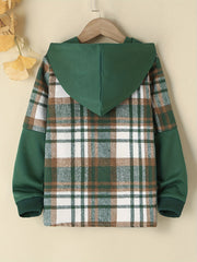 Boys Plaid Shirt Long Sleeve Button Down Hooded Top