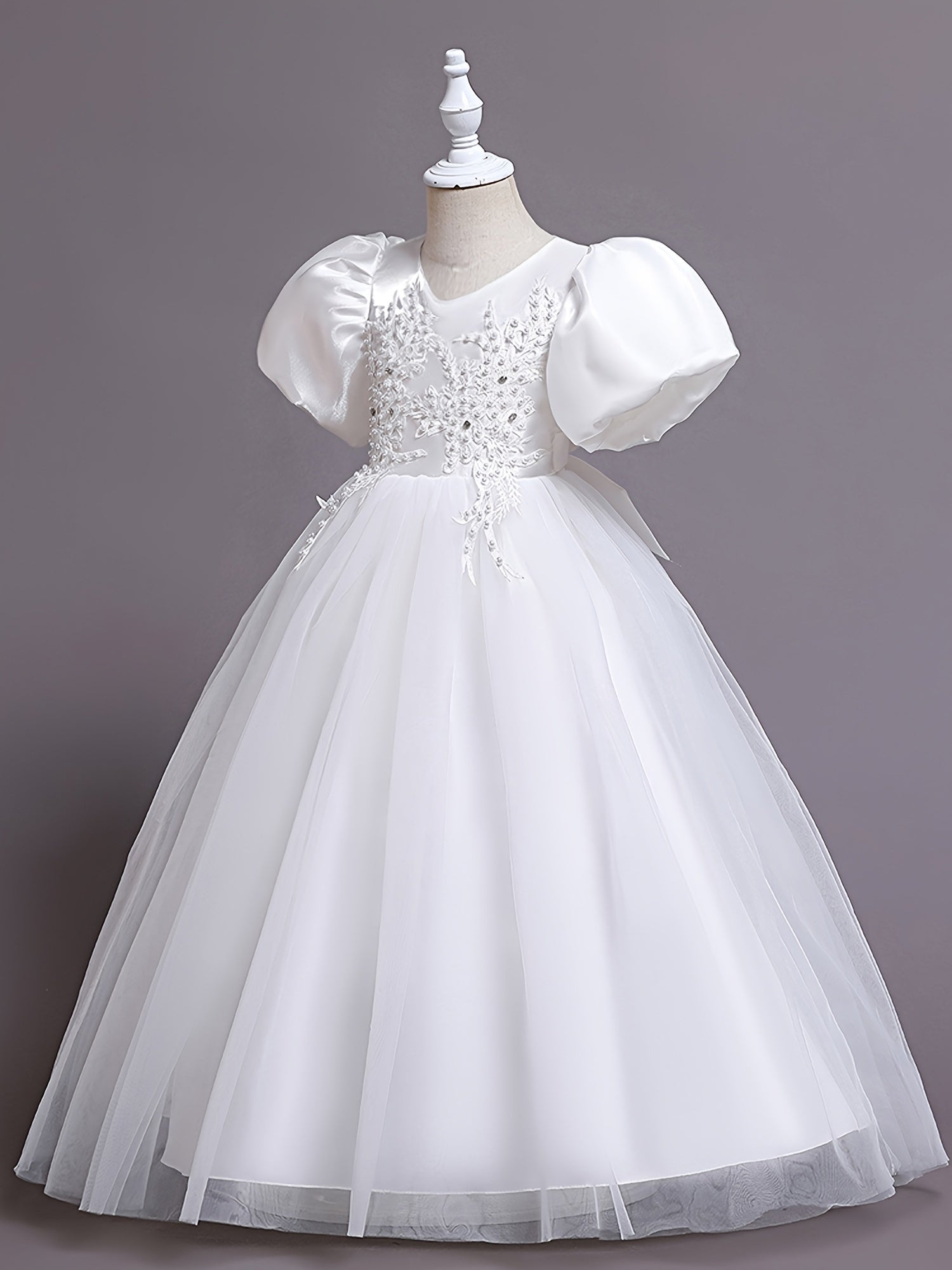 Girls Puff Sleeve Tulle Princess Dress Flower Embroidery Chinese Christmas Party
