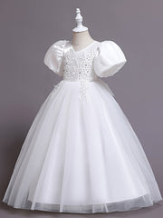 Girls Puff Sleeve Tulle Princess Dress Flower Embroidery Chinese Christmas Party