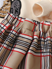 Cartoon Bear Embroidery Sweatshirt & Plaid Skirt Set for Holiday Party