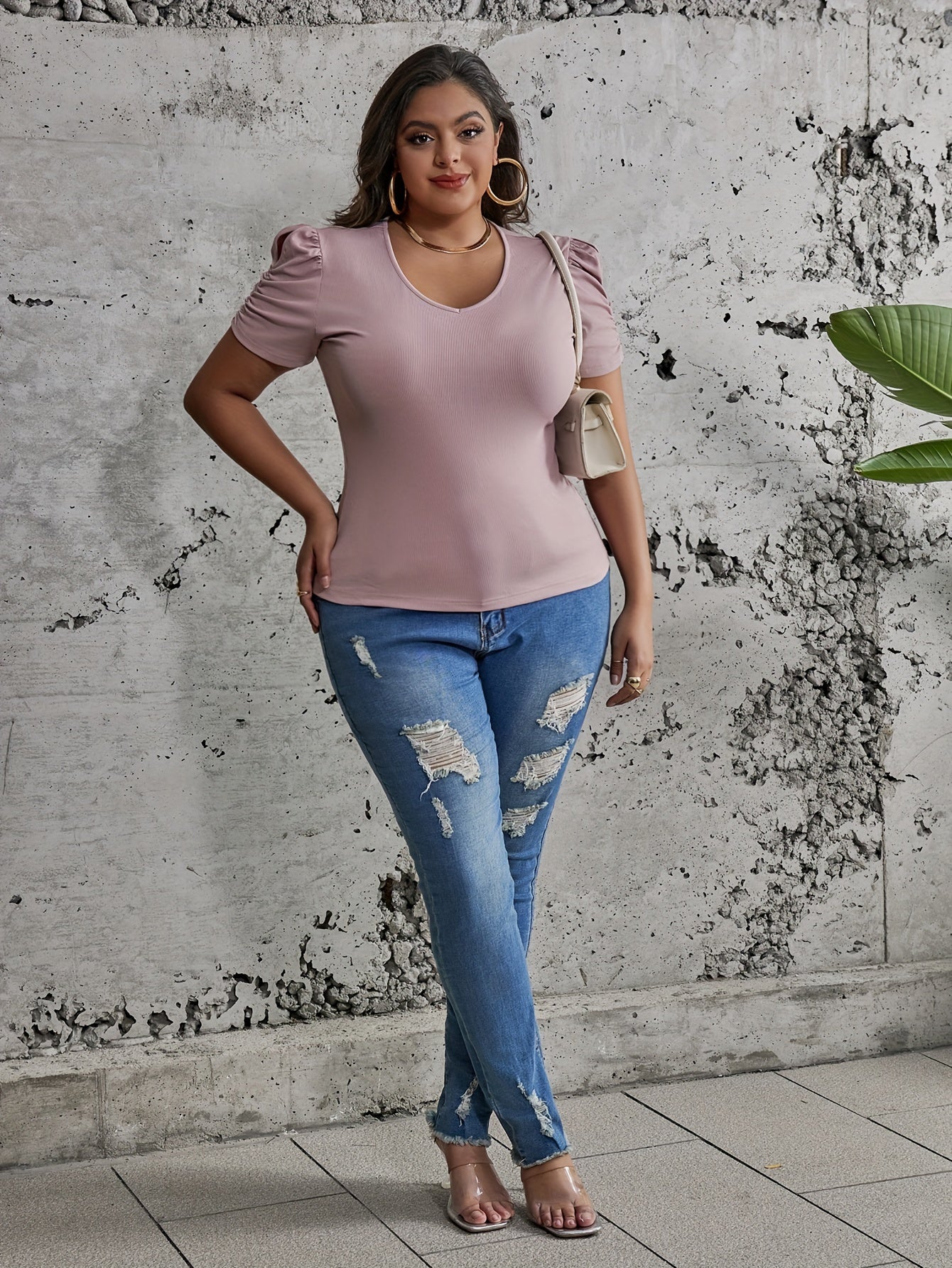 Solid Ribbed Puff Sleeve V Neck Knit Top