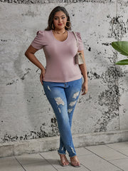 Solid Ribbed Puff Sleeve V Neck Knit Top