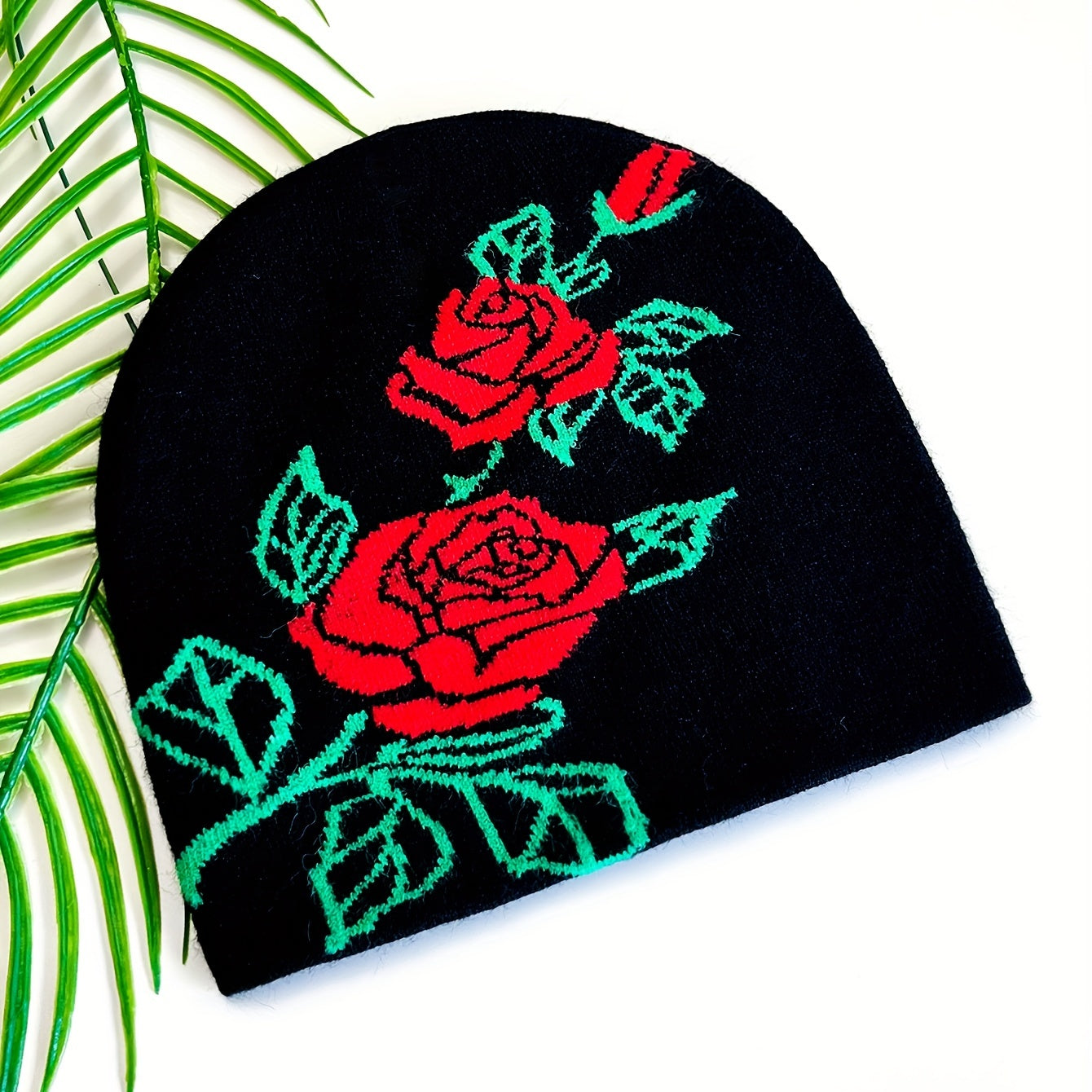 Red Rose Jacquard Beanie Hip Hop Knit Hat Elastic Windproof Warm Skull Cap