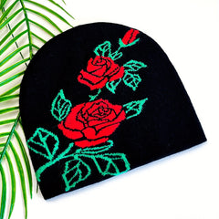 Red Rose Jacquard Beanie Hip Hop Knit Hat Elastic Windproof Warm Skull Cap