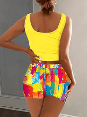 Letter Print Crop Tank Top & Allover Print Biker Shorts Set