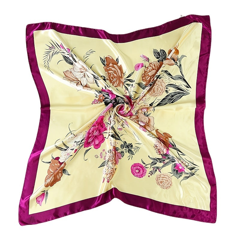 Vintage Flower Print Square Scarf Satin Shawl Windproof Head Wrap