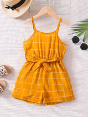 Toddlr Grls Plaid Graphic Belted Cami Romprs Jumpsuits Bch Vctn Kids Summr Clths