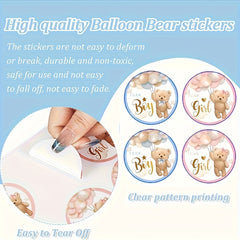 80pcs Bear Stickers Gender Reveal Boy Girl Paper Decals Pink Adhesive Round