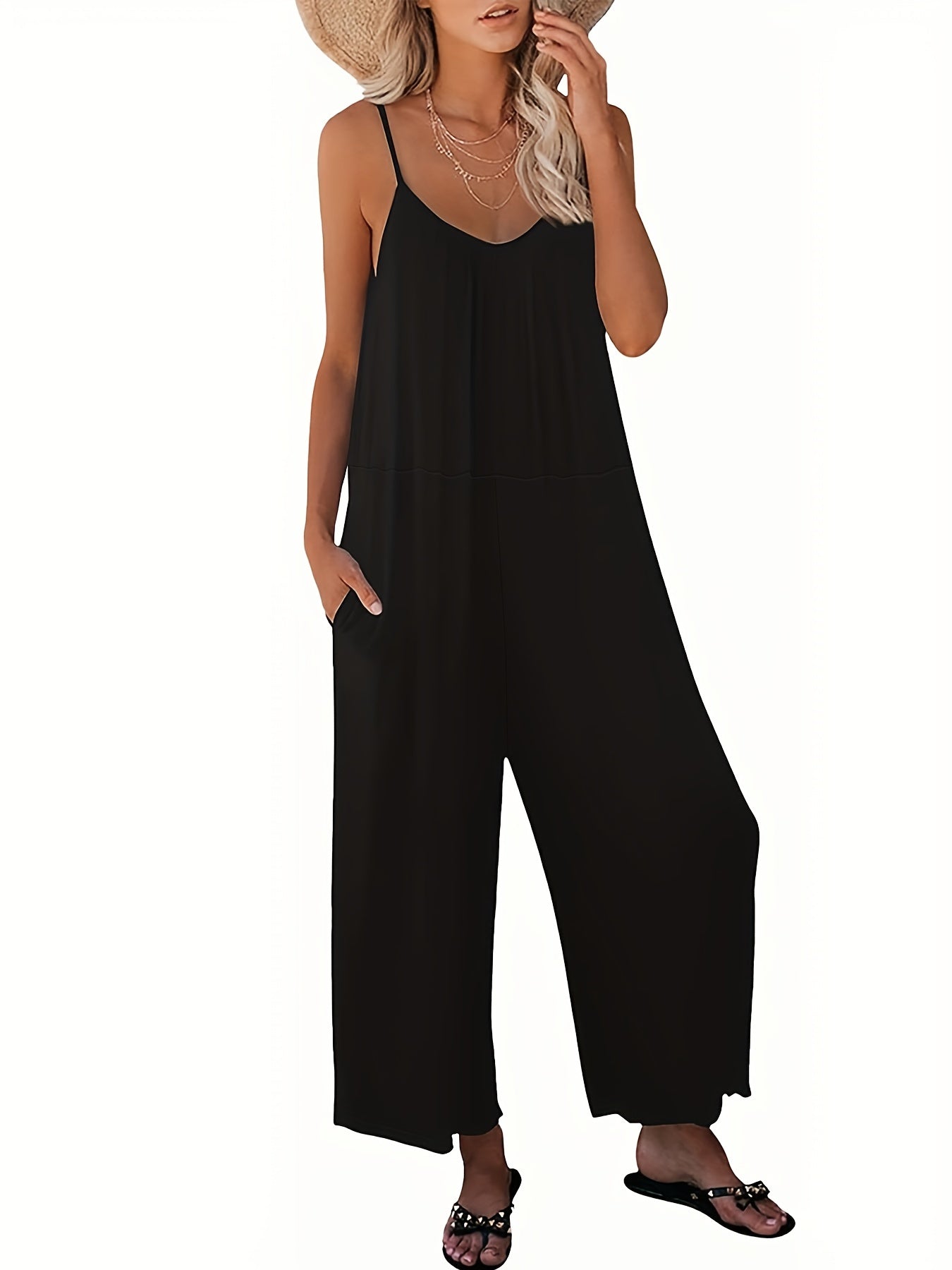 Spaghetti Palazzo Jumpsuit Casual Wide Leg Long Length