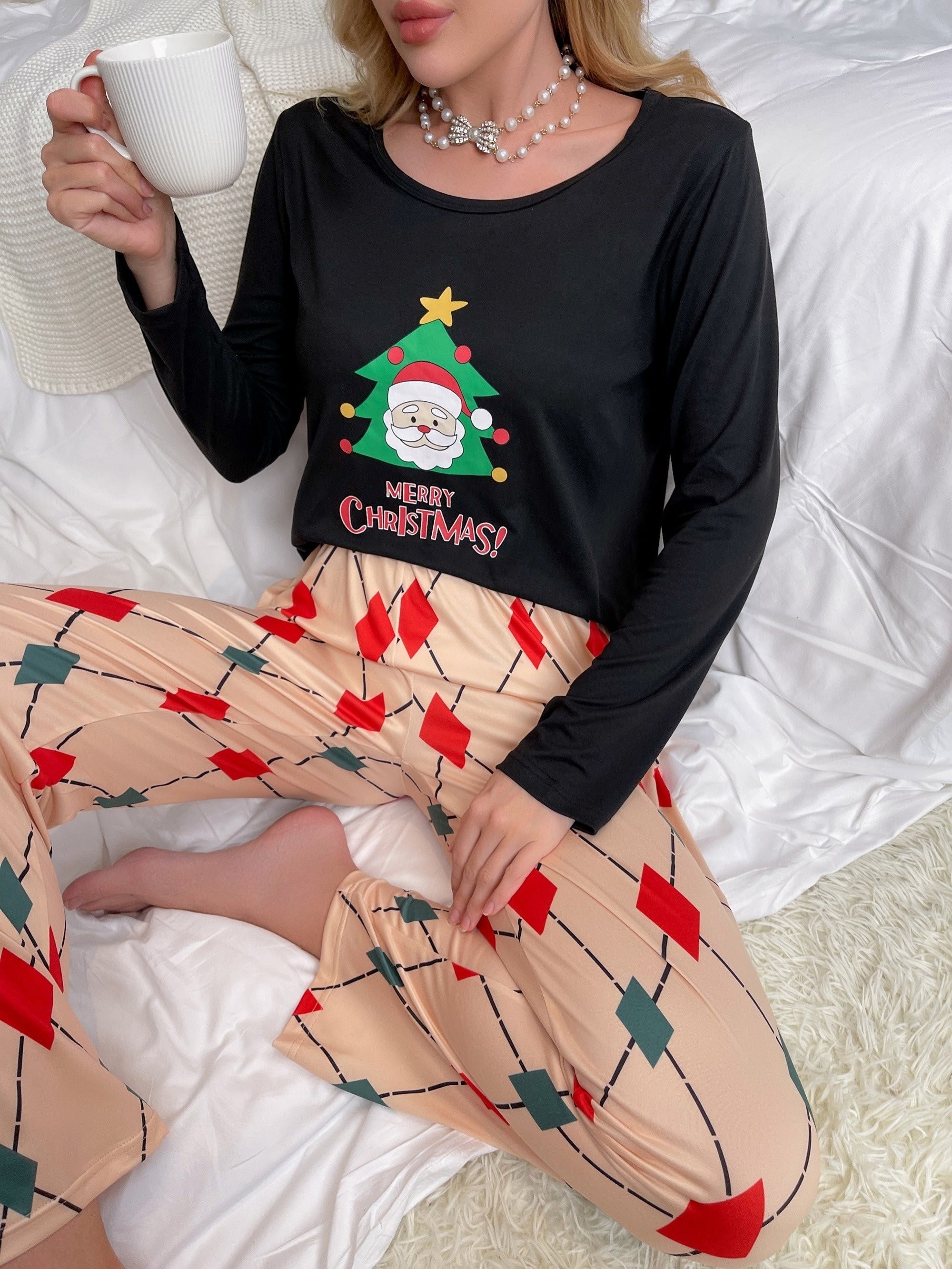 Snowman Print Christmas Lounge Set Long Sleeve Top & Pants
