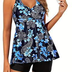 Floral Paisley Tankini Set Halter Top & Shorts Swimsuit