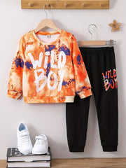 Boy's Tie Dye WILD BOY Print 2pcs Sweatshirt & Sweatpants Set