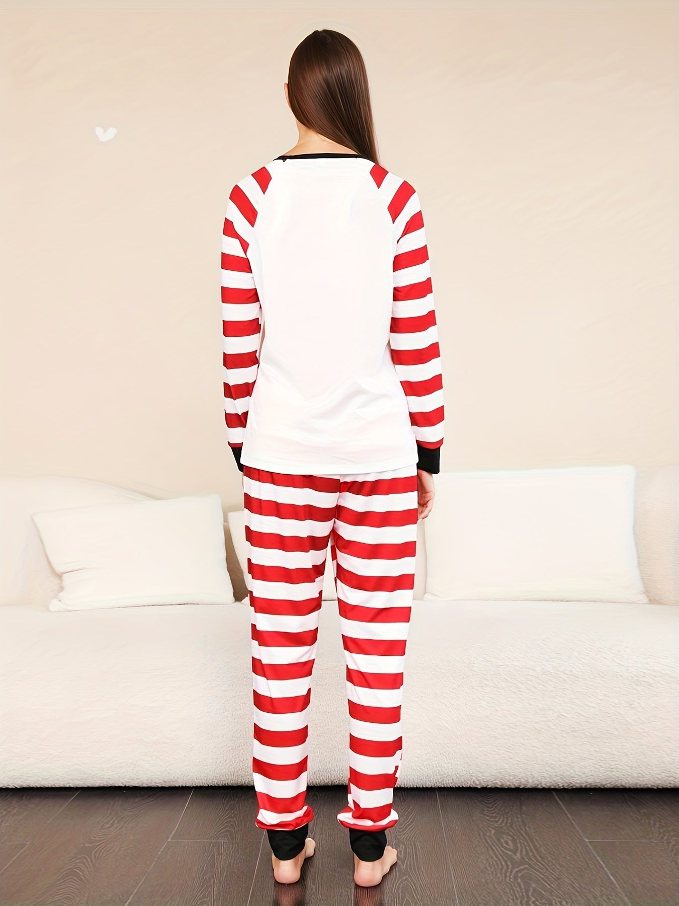 Christmas Print Pajama Set Long Sleeve Crew Neck Top & Striped Pants