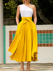 Solid Tie Waist Casual Ruched A Line Maxi Skirt Women's Clothing